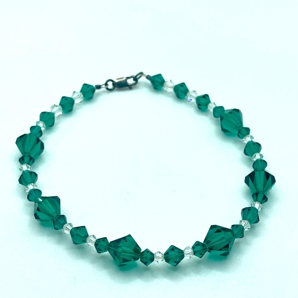𝅺sterling Silver & Green & White Facet Cut Crystal Beaded Bracelet 925 Clasp 8”